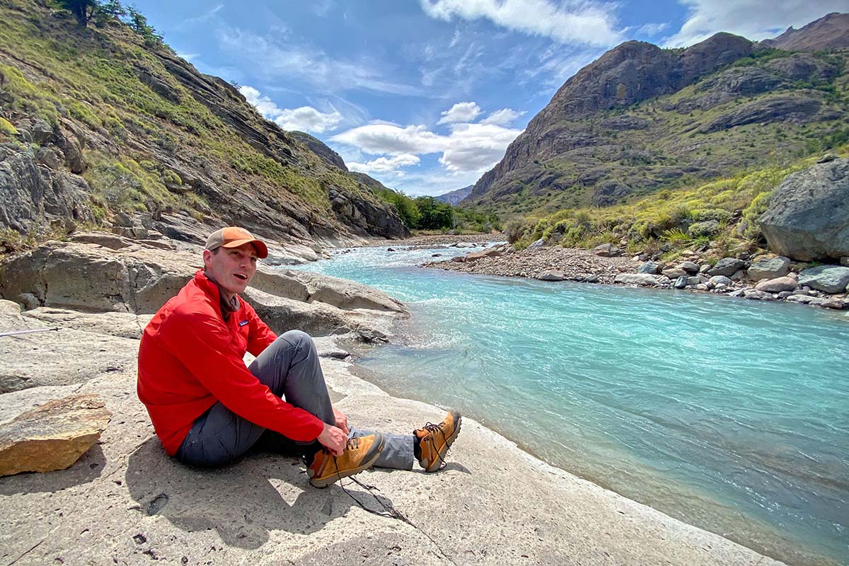 Danner Trail 2650 Mid GTX hiking boots (sitting by river)